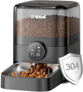 Lee más sobre el artículo <a href="https://amazon.es/dp/B0DQKDGFTM?tag=techbeautydeals-21" target="_blank">Resume el contenido de oneisall Automatic Cat Feeder 3L with 304 Stainless Steel Bowl, 1-6 Meals a Day, Dry Food Dispenser for Cats/Dogs, with Programmable Timer en español y en sólo 10 palabras</a>