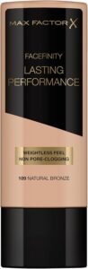 Lee más sobre el artículo <a href="https://amazon.es/dp/B000W3QAFE?tag=techbeautydeals-21" target="_blank">Resume el contenido de Max Factor, Lasting Performance Liquid Makeup Foundation, Shade 109 Natural Bronze, 35 ml (Pack of 1) en español y en sólo 10 palabras</a>