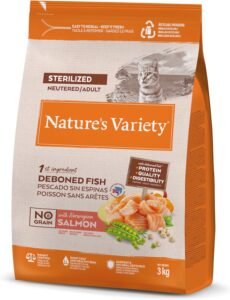 Lee más sobre el artículo <a href="https://amazon.es/dp/B08Y6H57DF?tag=techbeautydeals-21" target="_blank">Resume el contenido de Nature’s Variety No Grain Sterilized Cat Food with Norwegian Salmon – 3 kg en español y en sólo 10 palabras</a>