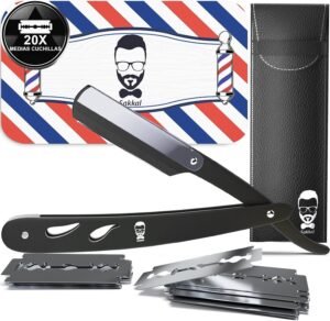 Lee más sobre el artículo <a href="https://amazon.es/dp/B0D45MD2L1?tag=techbeautydeals-21" target="_blank">Resume el contenido de Men’s Razor – Barber’s Razor Blade – Professional Barbear Faca – 20 Double Half Blades with Leather Case | Classic Shaving Kit for Beard and Mustache (Black) en español y en sólo 10 palabras</a>